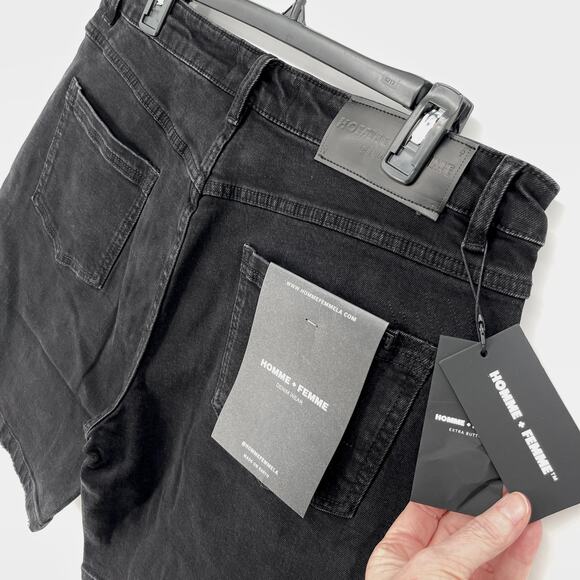 Homme + Femme NEW Distressed Flames Logo Jean Shorts Mens Sz 36 Black Stretch - Picture 6 of 10